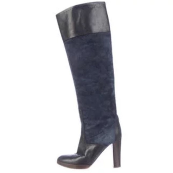 navy blue leather knee high boots